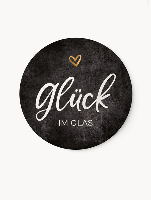 Runde Aufkleber "Glück im Glas" in Graumeliert mit Herzmotiv, seidenmatt, wischfest, perfekt für Marmeladen, Einmachgläser und Gastgeschenke zur Hochzeit oder Taufe.